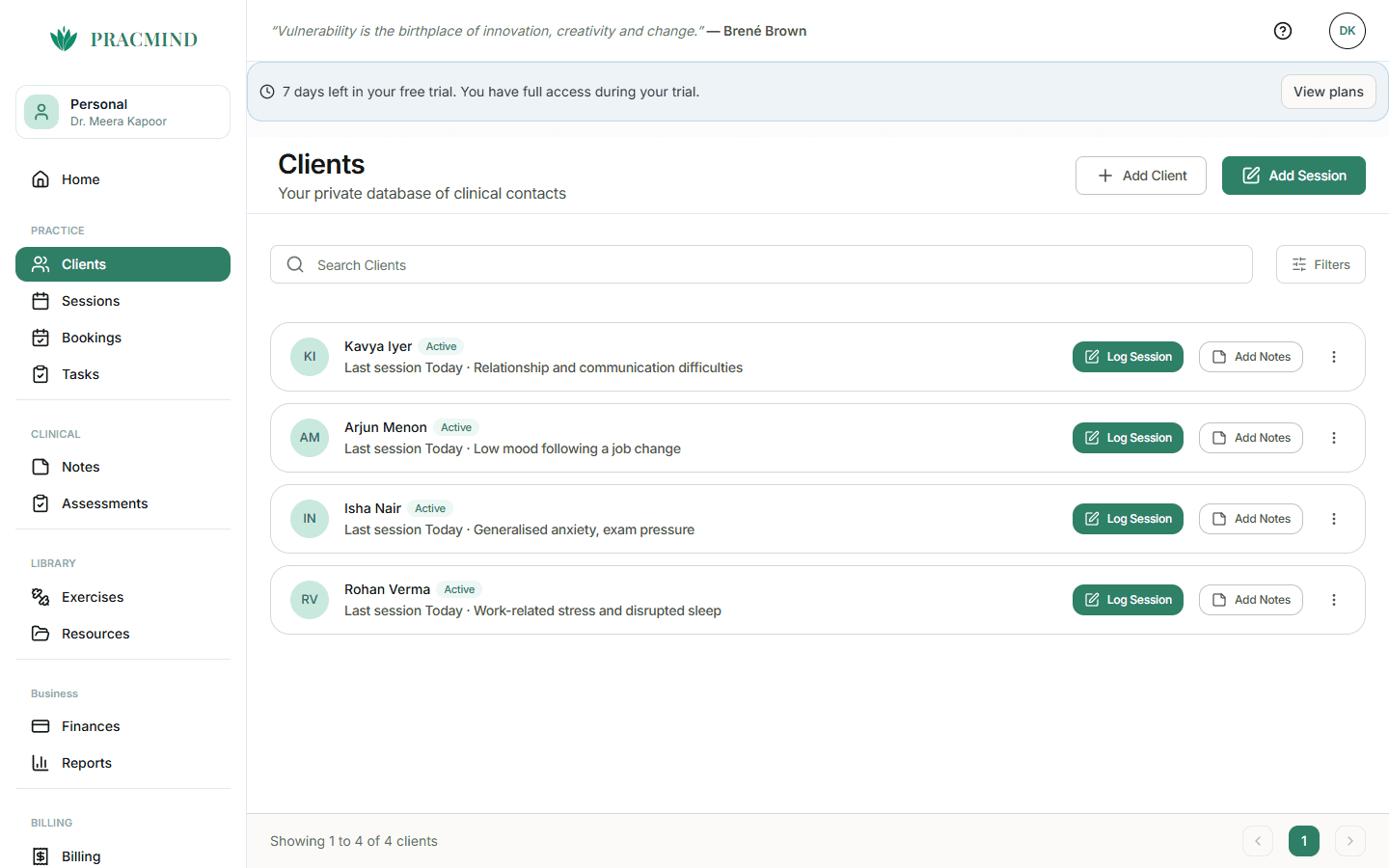 The PracMind client list with each client's status, concerns and quick actions