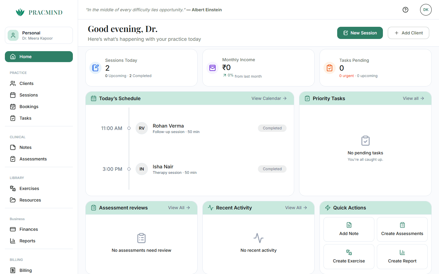 The PracMind dashboard showing today's schedule, session counts and quick actions