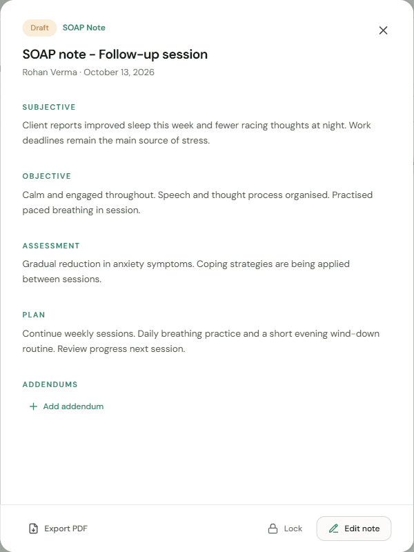 A SOAP session note in PracMind with subjective, objective, assessment and plan sections