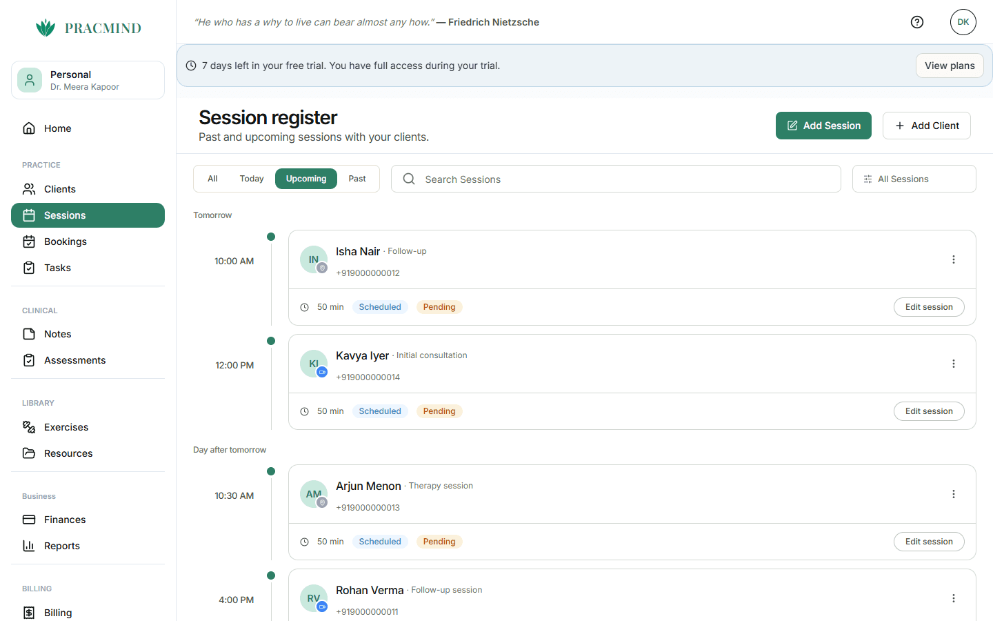 The PracMind session register listing upcoming appointments by day and time